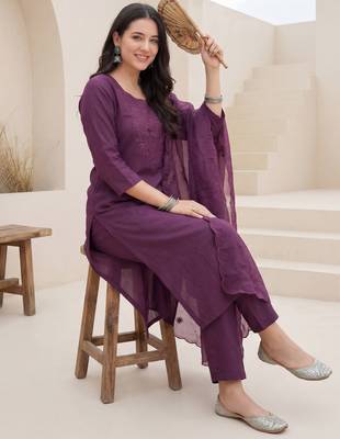 Purple embroidered silk blend kurta trouser dupatta set 1