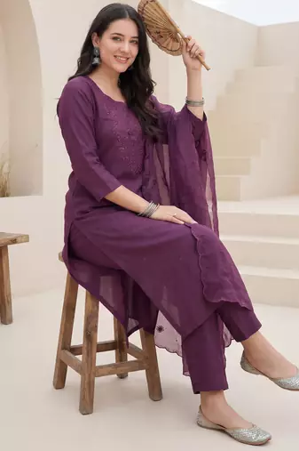 Purple embroidered silk blend kurta trouser dupatta set