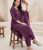 Purple embroidered silk blend kurta trouser dupatta set