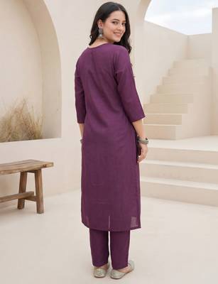 Purple embroidered silk blend kurta trouser dupatta set 2