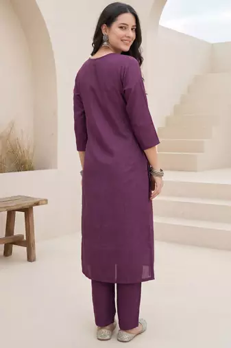 Purple embroidered silk blend kurta trouser dupatta set