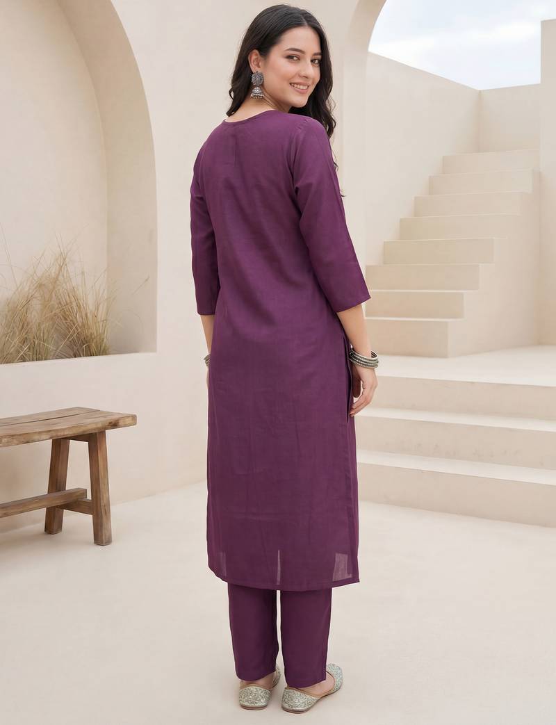 Purple embroidered silk blend kurta trouser dupatta set