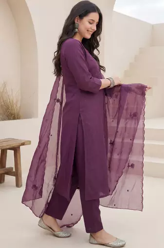 Purple embroidered silk blend kurta trouser dupatta set