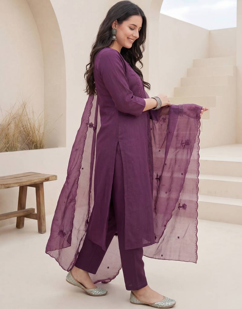 Purple embroidered silk blend kurta trouser dupatta set