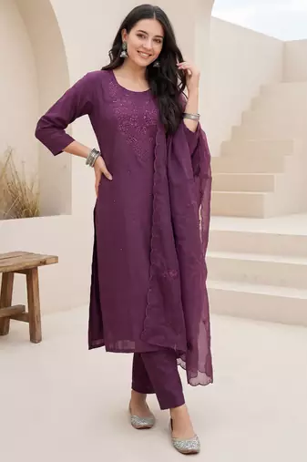 Purple embroidered silk blend kurta trouser dupatta set
