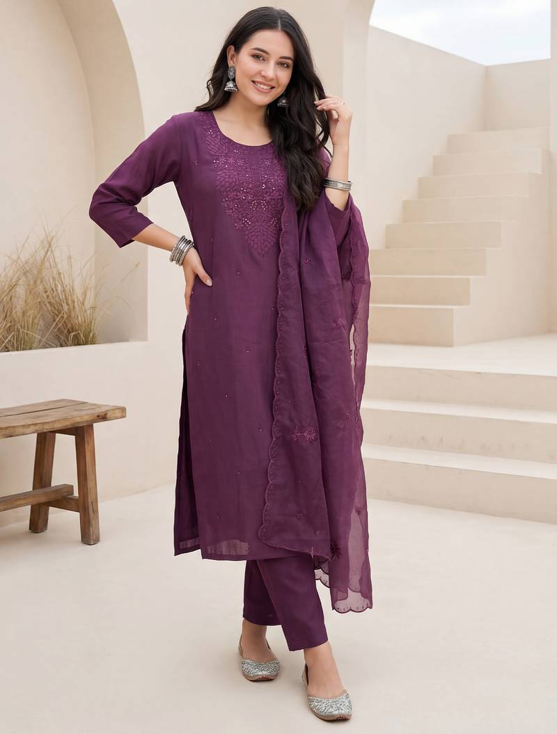 Purple embroidered silk blend kurta trouser dupatta set