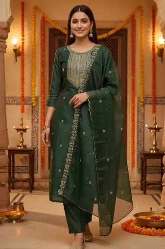 Green embroidered silk blend kurta trouser dupatta set