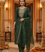 Green embroidered silk blend kurta trouser dupatta set