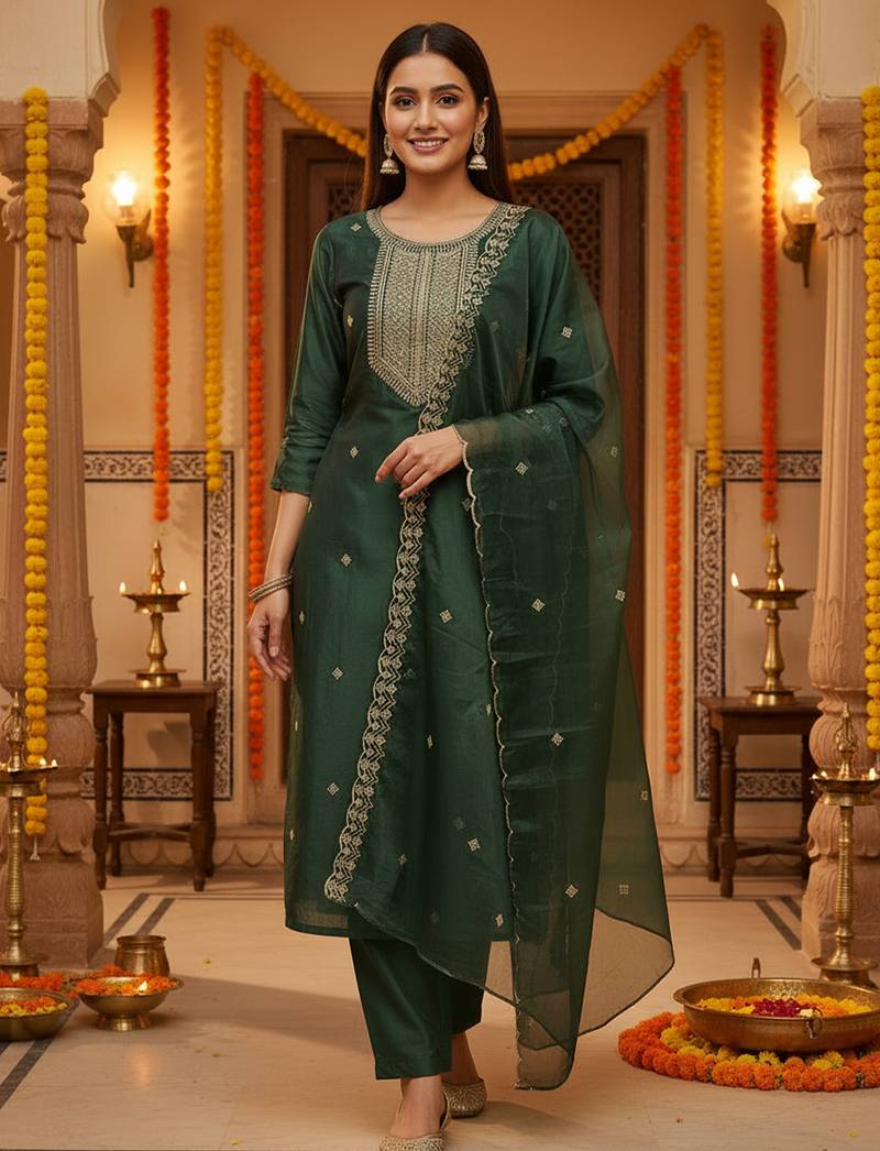 Green embroidered silk blend kurta trouser dupatta set