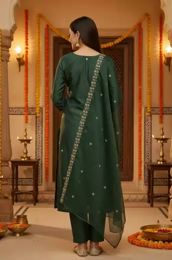 Green embroidered silk blend kurta trouser dupatta set