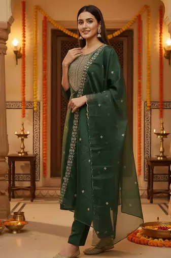 Green embroidered silk blend kurta trouser dupatta set