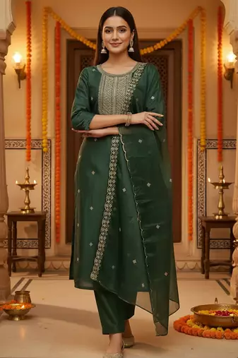 Green embroidered silk blend kurta trouser dupatta set