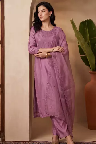 Lavender embroidered silk blend kurta trouser dupatta set