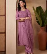 Lavender embroidered silk blend kurta trouser dupatta set