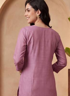 Lavender embroidered silk blend kurta trouser dupatta set 2