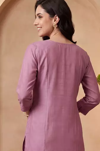 Lavender embroidered silk blend kurta trouser dupatta set