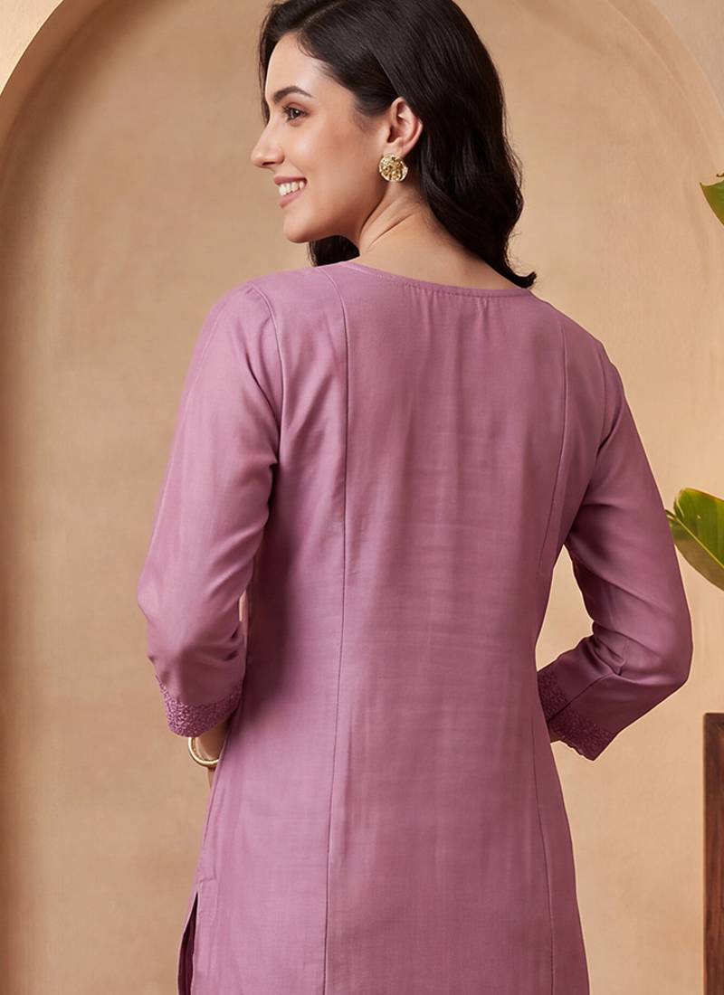 Lavender embroidered silk blend kurta trouser dupatta set