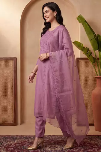 Lavender embroidered silk blend kurta trouser dupatta set