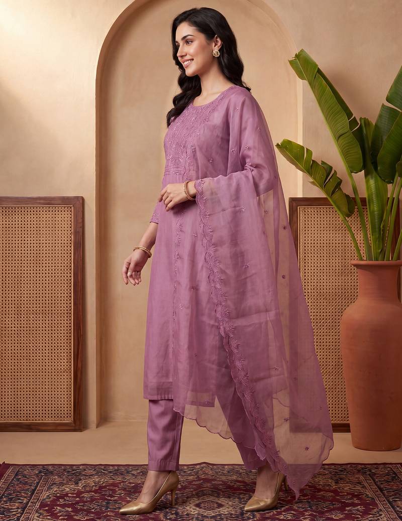 Lavender embroidered silk blend kurta trouser dupatta set