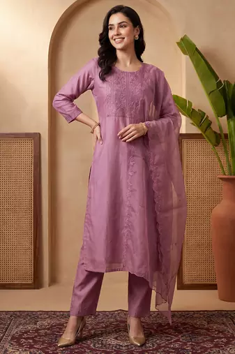 Lavender embroidered silk blend kurta trouser dupatta set