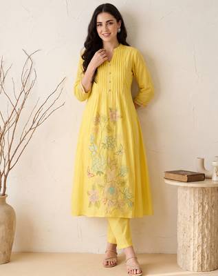 Yellow embroidered pure cotton kurta trouser dupatta set 1