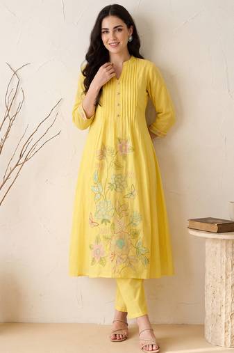Yellow embroidered pure cotton kurta trouser dupatta set