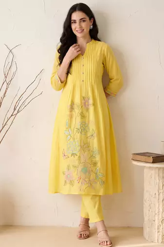 Yellow embroidered pure cotton kurta trouser dupatta set