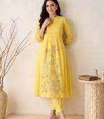 Yellow embroidered pure cotton kurta trouser dupatta set
