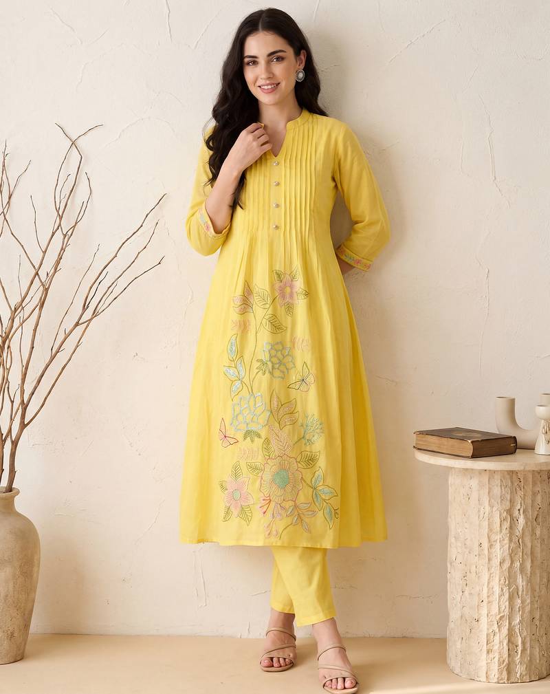 Yellow embroidered pure cotton kurta trouser dupatta set