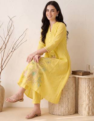 Yellow embroidered pure cotton kurta trouser dupatta set 2