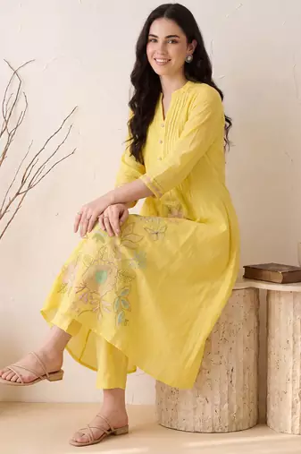 Yellow embroidered pure cotton kurta trouser dupatta set