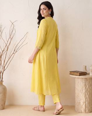 Yellow embroidered pure cotton kurta trouser dupatta set 3