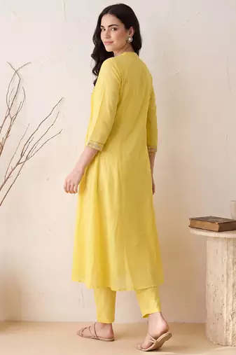 Yellow embroidered pure cotton kurta trouser dupatta set