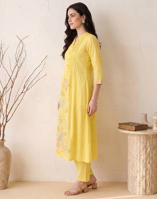 Yellow embroidered pure cotton kurta trouser dupatta set 4