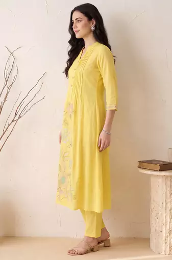 Yellow embroidered pure cotton kurta trouser dupatta set
