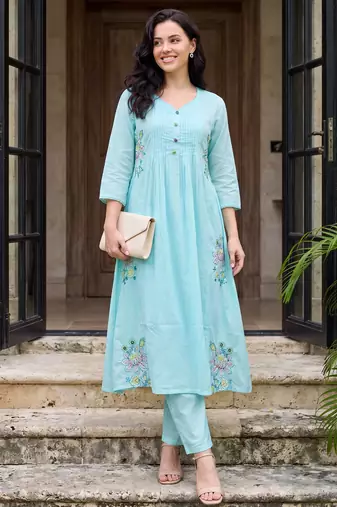 Blue embroidered pure cotton kurta trouser dupatta set