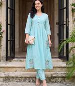 Blue embroidered pure cotton kurta trouser dupatta set