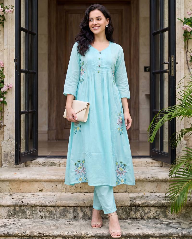 Blue embroidered pure cotton kurta trouser dupatta set