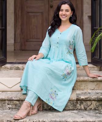 Blue embroidered pure cotton kurta trouser dupatta set 2