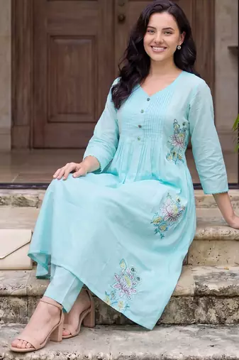 Blue embroidered pure cotton kurta trouser dupatta set
