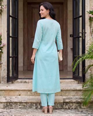 Blue embroidered pure cotton kurta trouser dupatta set 3