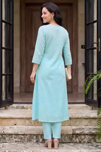 Blue embroidered pure cotton kurta trouser dupatta set