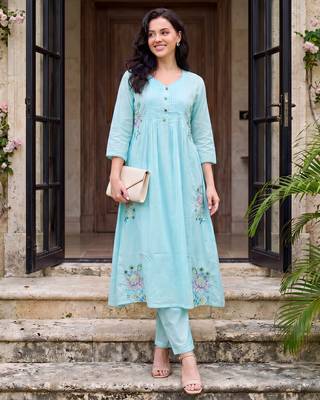 Blue embroidered pure cotton kurta trouser dupatta set 4