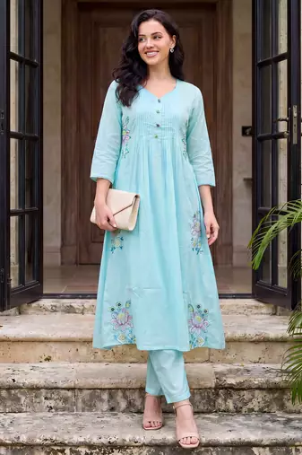 Blue embroidered pure cotton kurta trouser dupatta set