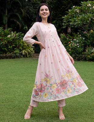 Pink embroidered pure cotton kurta trouser dupatta set 1