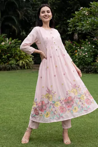 Pink embroidered pure cotton kurta trouser dupatta set