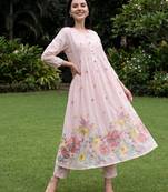 Pink embroidered pure cotton kurta trouser dupatta set