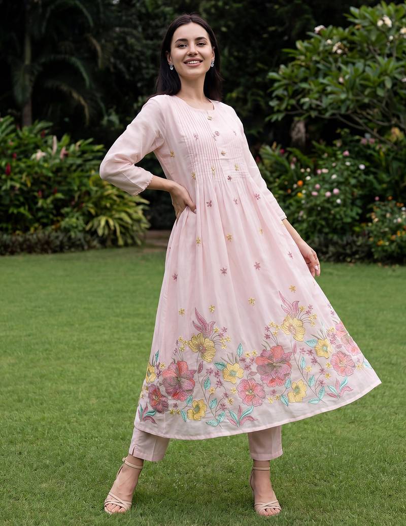 Pink embroidered pure cotton kurta trouser dupatta set