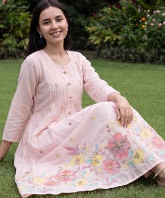 Pink embroidered pure cotton kurta trouser dupatta set 2