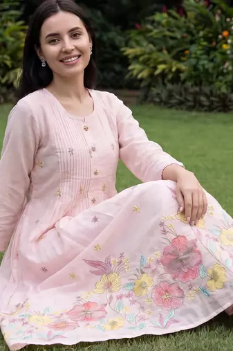 Pink embroidered pure cotton kurta trouser dupatta set
